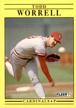 1991 Fleer #653a Todd Worrell Wax/Cello Pack version: Stat headers in bold print