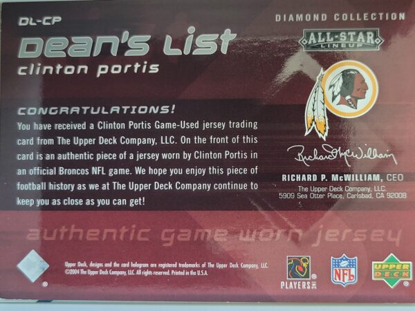 2004 Upper Deck Diamond Collection All-Star Lineup Dean's List #DL-CP Clinton Portis - Image 2