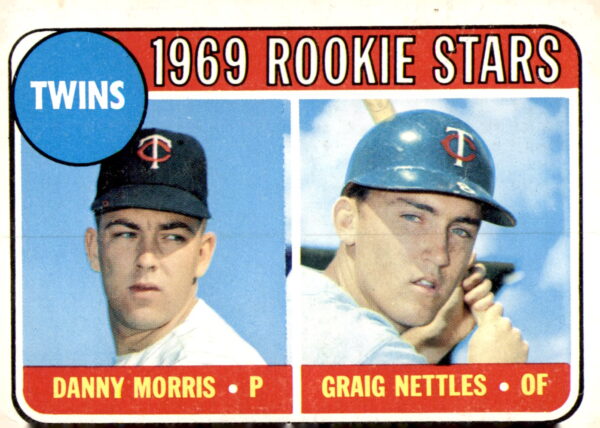 1969 Topps #99a Twins 1969 Rookie Stars (Danny Morris / Graig Nettles) Black loop above "Twins" Rookie