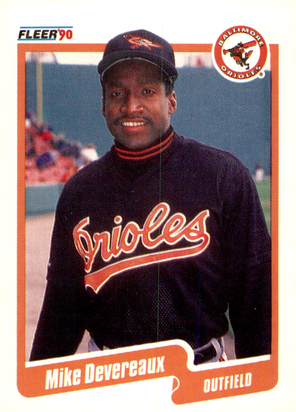 1990 Fleer #175b Mike Devereaux Pink/white striping on back stops above "Did You Know?" box