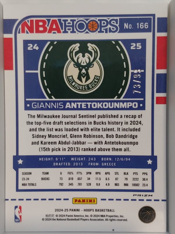 2024-25 Panini Hoops Giannis Antetokounmpo #166 Red Square Holo /99 - Image 2