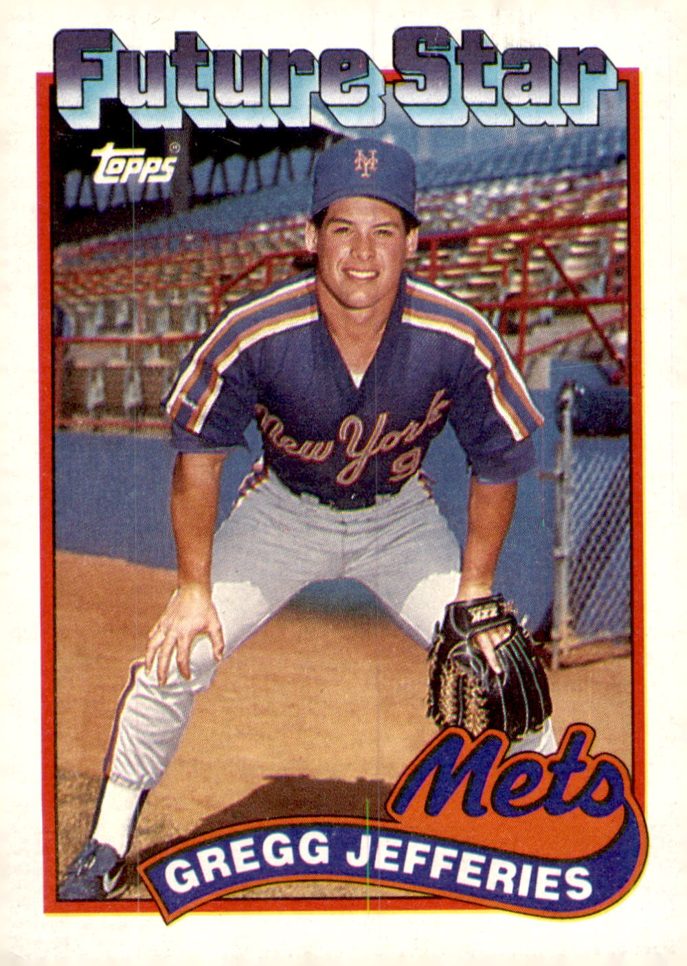 1989 Topps #233a Gregg Jefferies Larger gap between hat and Future Stars header