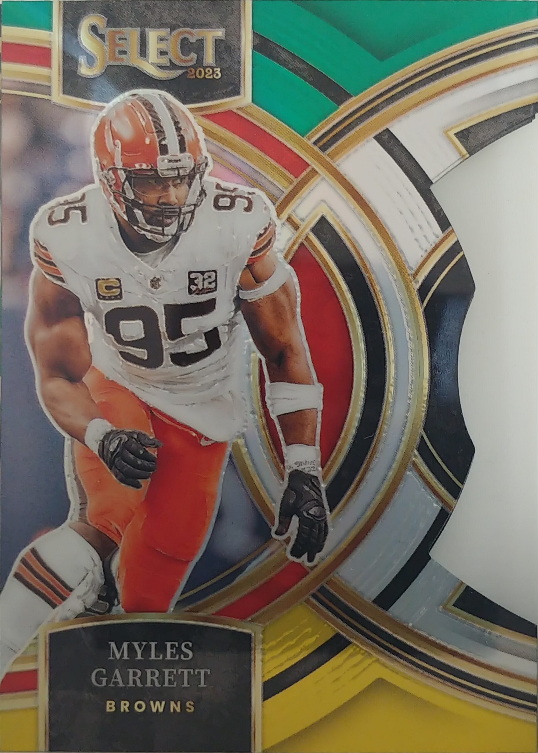 2023 Panini Select Premier Prizm Myles Garrett Green and Yellow Die-Cut #152