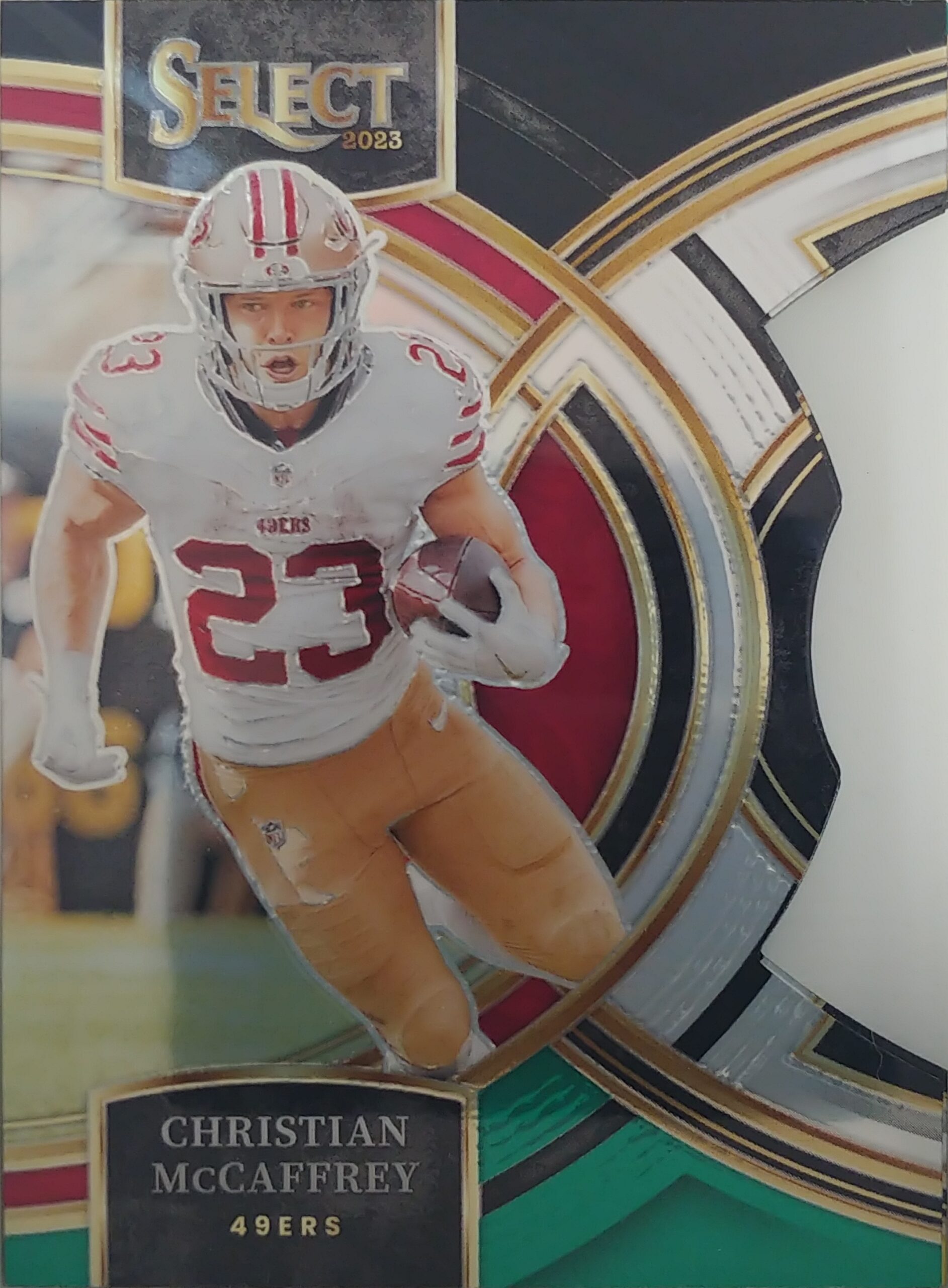 2023 Panini Select Premier Prizm Christian McCaffrey Black and Green Die-Cut #145