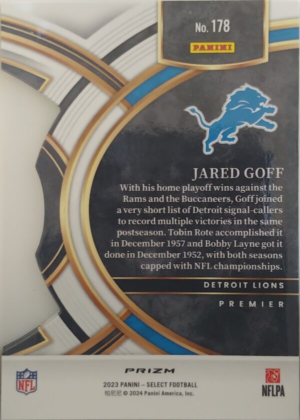 2023 Panini Select Premier Prizm Jared Goff Black and Green Die-Cut #178 - Image 2