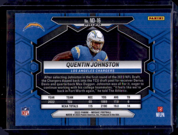 2023 Panini Mosaic #ND-16 Quentin Johnston Green Mosaic - Image 2